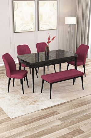 Rovena Zayn Siyah Mermer 80x132 Açılabilir Suntalam Yemek Odası Takımı 4 Adet Sandalye + 1 Bench