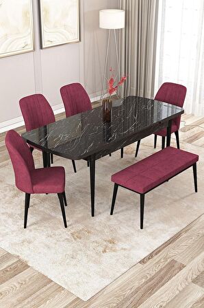 Rovena Zayn Siyah Mermer 80x132 Açılabilir Suntalam Yemek Odası Takımı 4 Adet Sandalye + 1 Bench