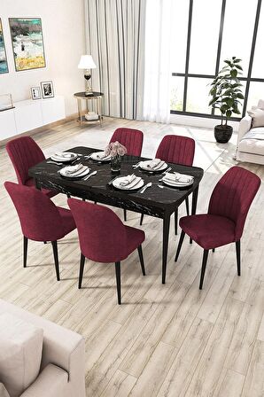 Rovena Zayn Siyah Mermer 80x132 Açılabilir Suntalam Yemek Odası Takımı 6 Adet Sandalye