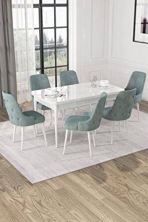 Rovena Alya Beyaz 80x132 Açılabilir Mdf Mutfak Masası Takımı 6 Adet Sandalye