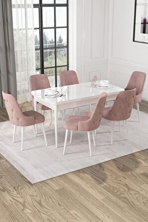 Rovena Alya Beyaz 80x132 Açılabilir Mdf Mutfak Masası Takımı 6 Adet Sandalye