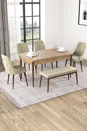 Rovena Alya Meşe 80x132 Açılabilir Mdf Mutfak Masası Takımı 4 Adet Sandalye+1 Bench