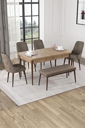 Rovena Alya Meşe 80x132 Açılabilir Mdf Mutfak Masası Takımı 4 Adet Sandalye+1 Bench