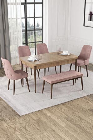 Rovena Alya Meşe 80x132 Açılabilir Mdf Mutfak Masası Takımı 4 Adet Sandalye+1 Bench
