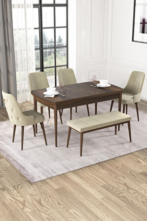 Rovena Alya Barok 80x132 Açılabilir Mdf Mutfak Masası Takımı 4 Adet Sandalye+1 Bench