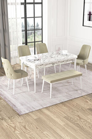Rovena Alya Beyaz Mermer 80x132 Açılabilir Mdf Mutfak Masası Takımı 4 Adet Sandalye+1 Bench