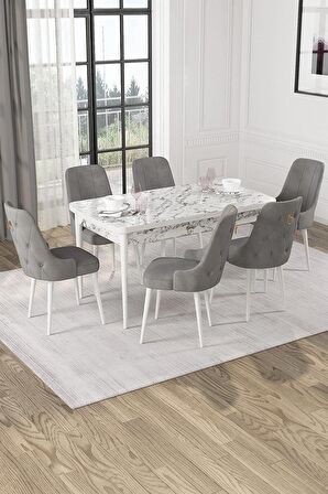 Rovena Alya Beyaz Mermer 80x132 Açılabilir Mdf Mutfak Masası Takımı 6 Adet Sandalye