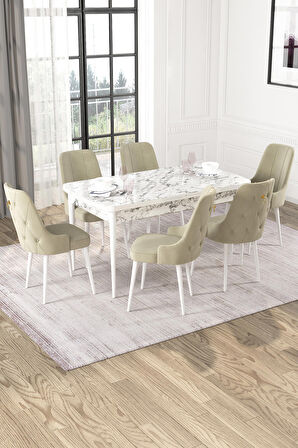Rovena Alya Beyaz Mermer 80x132 Açılabilir Mdf Mutfak Masası Takımı 6 Adet Sandalye
