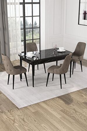 Rovena Alya Siyah Mermer 80x132 Açılabilir Mdf Mutfak Masası Takımı 4 Adet Sandalye