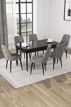 Rovena Alya Siyah Mermer 80x132 Açılabilir Mdf Mutfak Masası Takımı 6 Adet Sandalye