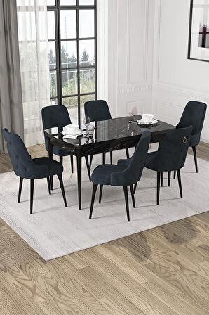 Rovena Alya Siyah Mermer 80x132 Açılabilir Mdf Mutfak Masası Takımı 6 Adet Sandalye