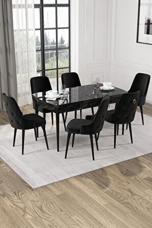 Rovena Alya Siyah Mermer 80x132 Açılabilir Mdf Mutfak Masası Takımı 6 Adet Sandalye