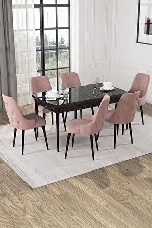 Rovena Alya Siyah Mermer 80x132 Açılabilir Mdf Mutfak Masası Takımı 6 Adet Sandalye