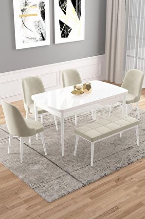 Rovena Vals Beyaz 80x132 Açılabilir Mdf Mutfak Masası Takımı 4 Adet Sandalye+1 Bench