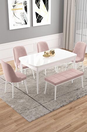 Rovena Vals Beyaz 80x132 Açılabilir Mdf Mutfak Masası Takımı 4 Adet Sandalye+1 Bench