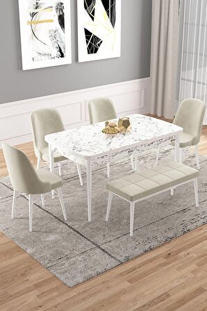 Rovena Vals Beyaz Mermer 80x132 Açılabilir Mdf Mutfak Masası Takımı 4 Adet Sandalye+1 Bench