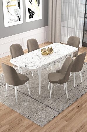 Rovena Vals Beyaz Mermer 80x132 Açılabilir Mdf Mutfak Masası Takımı 6 Adet Sandalye