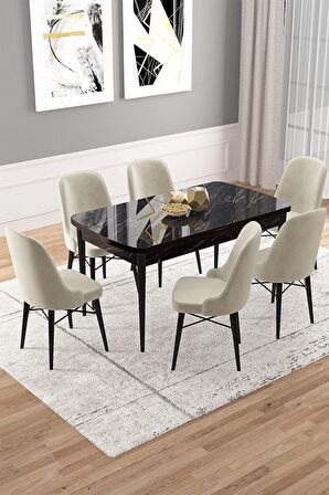 Rovena Vals Siyah Mermer 80x132 Açılabilir Mdf Mutfak Masası Takımı 6 Adet Sandalye