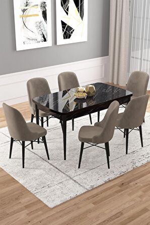 Rovena Vals Siyah Mermer 80x132 Açılabilir Mdf Mutfak Masası Takımı 6 Adet Sandalye