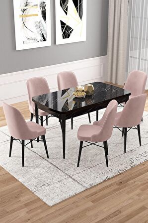Rovena Vals Siyah Mermer 80x132 Açılabilir Mdf Mutfak Masası Takımı 6 Adet Sandalye