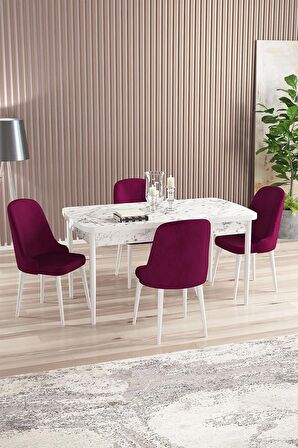 Rovena Armin Beyaz Mermer 80x132 Açılabilir Mdf Mutfak Masası Takımı 4 Adet Sandalye