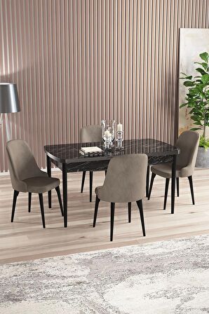 Rovena Armin Siyah Mermer 80x132 Açılabilir Mdf Mutfak Masası Takımı 4 Adet Sandalye