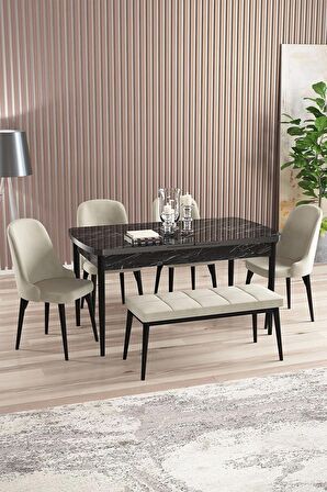 Rovena Armin Siyah Mermer 80x132 Açılabilir Mdf Mutfak Masası Takımı 4 Adet Sandalye+1 Bench