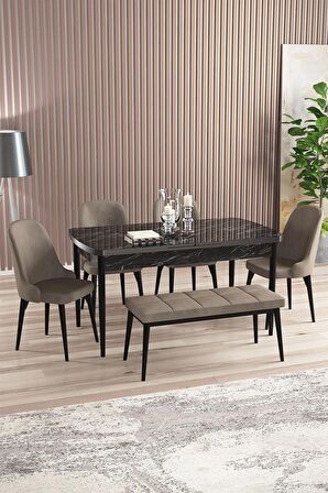 Rovena Armin Siyah Mermer 80x132 Açılabilir Mdf Mutfak Masası Takımı 4 Adet Sandalye+1 Bench