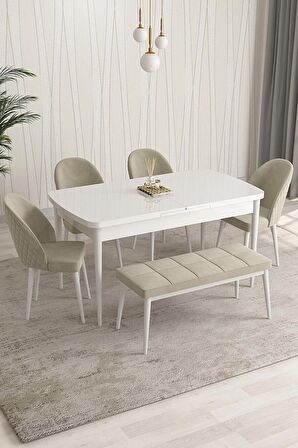 Rovena Arjeta Beyaz 80x132 Açılabilir Mdf Mutfak Masası Takımı 4 Adet Sandalye+1 Bench