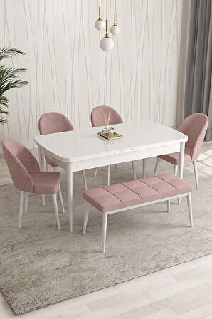 Rovena Arjeta Beyaz 80x132 Açılabilir Mdf Mutfak Masası Takımı 4 Adet Sandalye+1 Bench