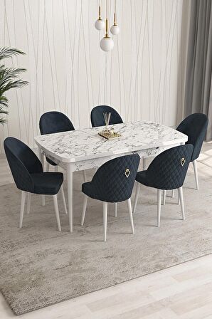 Rovena Arjeta Beyaz Mermer 80x132 Açılabilir Mdf Mutfak Masası Takımı 6 Adet Sandalye