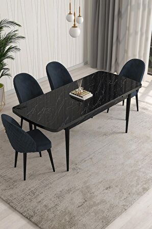 Rovena Arjeta Siyah Mermer 80x132 Açılabilir Mdf Mutfak Masası Takımı 4 Adet Sandalye