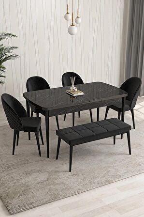 Rovena Arjeta Siyah Mermer 80x132 Açılabilir Mdf Mutfak Masası Takımı 4 Adet Sandalye+1 Bench