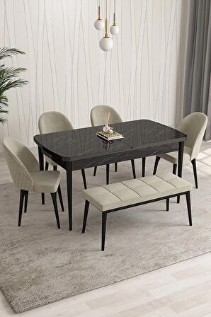 Rovena Arjeta Siyah Mermer 80x132 Açılabilir Mdf Mutfak Masası Takımı 4 Adet Sandalye+1 Bench