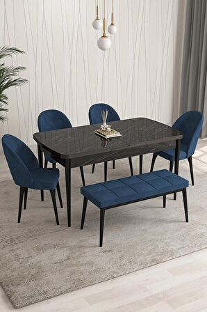 Rovena Arjeta Siyah Mermer 80x132 Açılabilir Mdf Mutfak Masası Takımı 4 Adet Sandalye+1 Bench