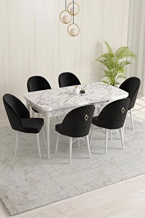 Rovena Marsilya Beyaz Mermer 80x132 Açılabilir Mdf Mutfak Masası Takımı 6 Adet Sandalye
