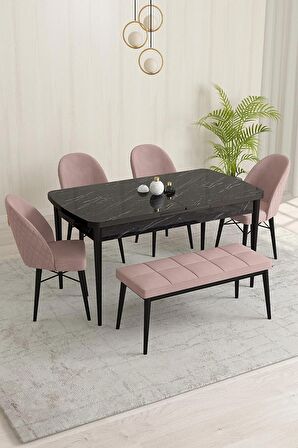 Rovena Marsilya Siyah Mermer 80x132 Açılabilir Mdf Mutfak Masası Takımı 4 Adet Sandalye+1 Bench