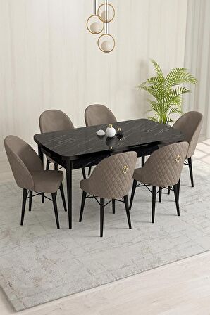 Rovena Marsilya Siyah Mermer 80x132 Açılabilir Mdf Mutfak Masası Takımı 6 Adet Sandalye