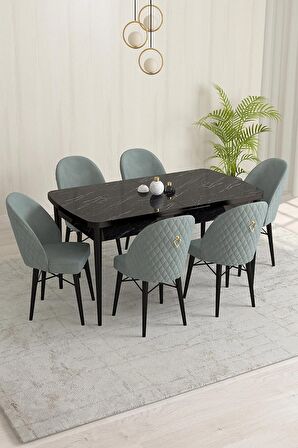 Rovena Marsilya Siyah Mermer 80x132 Açılabilir Mdf Mutfak Masası Takımı 6 Adet Sandalye