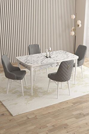 Rovena Flora Beyaz Mermer 80x132 Açılabilir Mdf Yemek Odası Takımı 4 Adet Sandalye