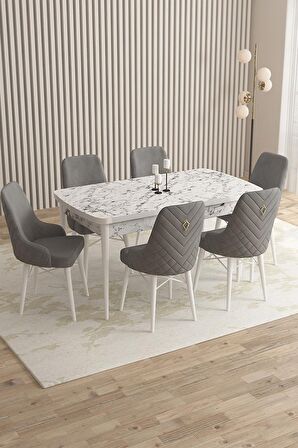 Rovena Flora Beyaz Mermer 80x132 Açılabilir Mdf Yemek Odası Takımı 6 Adet Sandalye