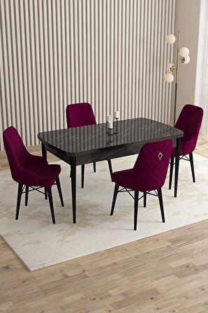 Rovena Flora Siyah Mermer 80x132 Açılabilir Mdf Yemek Odası Takımı 4 Adet Sandalye