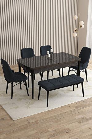 Rovena Flora Siyah Mermer 80x132 Açılabilir Mdf Yemek Odası Takımı 4 Adet Sandalye+1 Bench