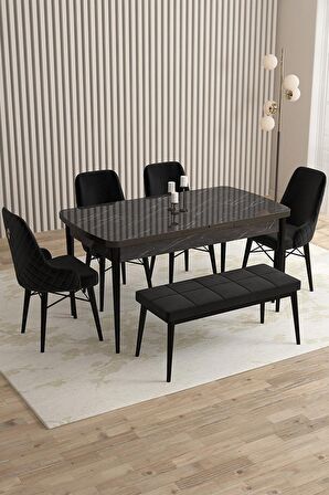 Rovena Flora Siyah Mermer 80x132 Açılabilir Mdf Yemek Odası Takımı 4 Adet Sandalye+1 Bench