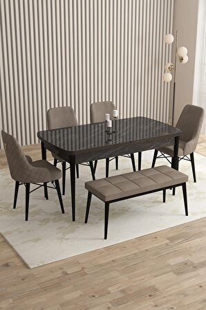 Rovena Flora Siyah Mermer 80x132 Açılabilir Mdf Yemek Odası Takımı 4 Adet Sandalye+1 Bench