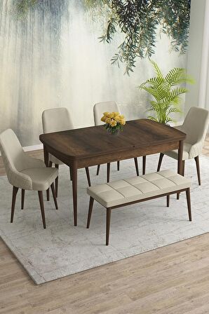 Rovena Eylül Barok 80x132 Açılabilir Mdf Yemek Odası Takımı 4 Adet Sandalye+1 Bench