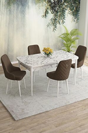 Rovena Eylül Beyaz Mermer 80x132 Açılabilir Mdf Yemek Odası Takımı 4 Adet Sandalye