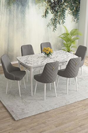 Rovena Eylül Beyaz Mermer 80x132 Açılabilir Mdf Yemek Odası Takımı 6 Adet Sandalye