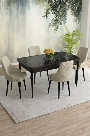 Rovena Eylül Siyah Mermer 80x132 Açılabilir Mdf Yemek Odası Takımı 4 Adet Sandalye
