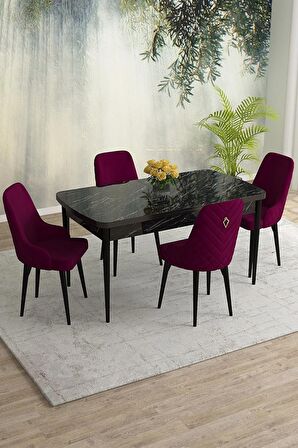 Rovena Eylül Siyah Mermer 80x132 Açılabilir Mdf Yemek Odası Takımı 4 Adet Sandalye